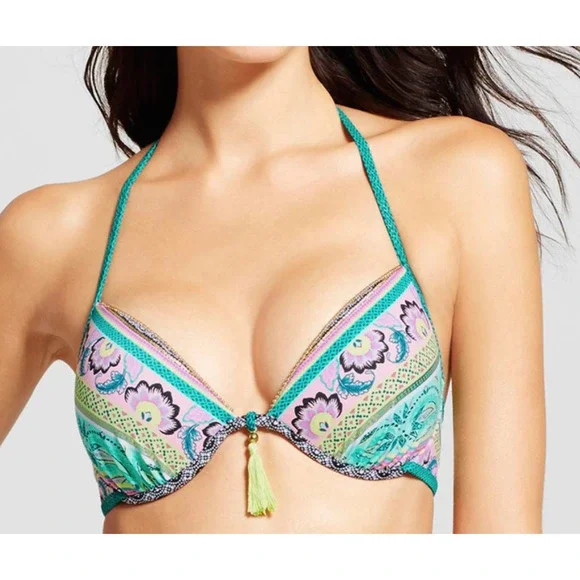 Shade & Shore Torquiose Gold Strappy Halter Bikini Top 38DD underwire molded cup - Picture 1 of 5